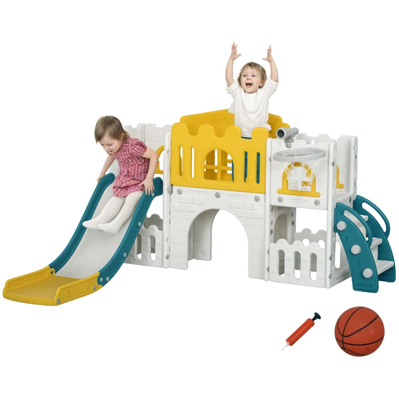 Qaba 7 in 1 Toddler Slide with Basketball Hoop, Climber, Telescope, Tunnel, Steering Wheel, for 1-3 Years, Yellow