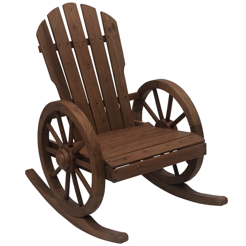 Outsunny Patio Wooden Rocking Chair, Wagon Outdoor Rocker Chair with Slatted Design and Wheel Armrests for Garden, Carbonized