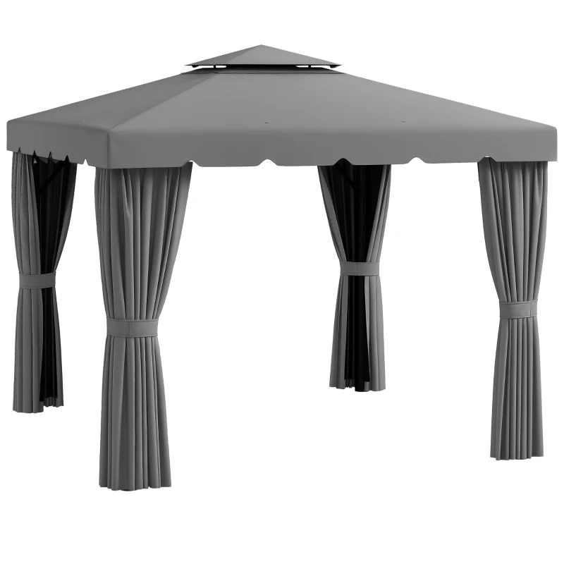 Outsunny 10' x 10' Outdoor Patio Gazebo Double Soft-top Garden Shelter Tent with Curtains, & Mesh Screen Drapes, Light Grey