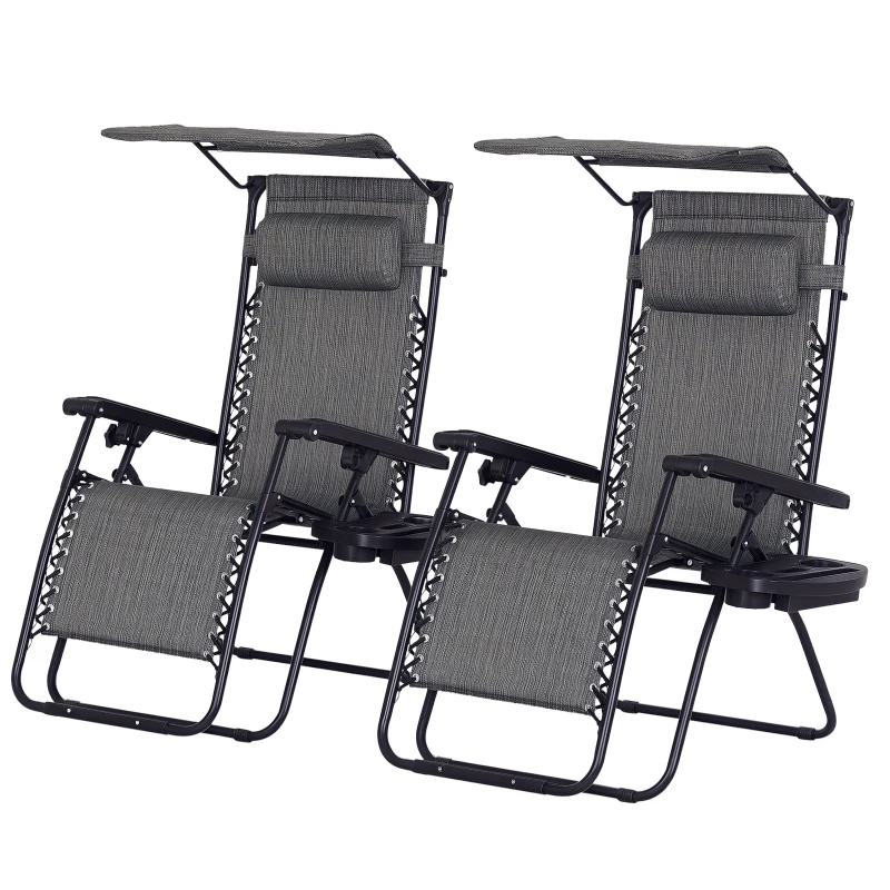 Outsunny 2 Piece Foldable Lounge Chair with Canopy Shade, Outdoor Zero Gravity Chair w/ Side Tray & Cup Holder, Reclining Lounger w/ Breathable Mesh Fabric Seat, Pillow, Dark Grey