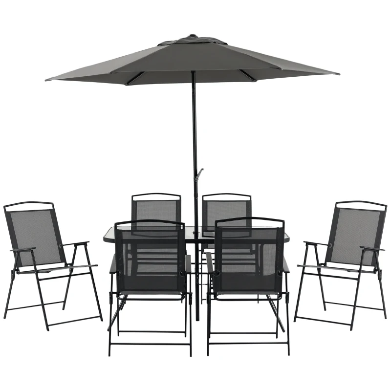 Outsunny 8 Piece Outdoor Dining Set, Patio Furniture Set with Umbrella, 6 Folding Chairs, Rectangle Table and Mesh Seat, Black