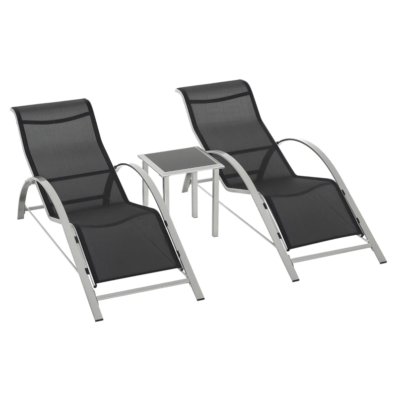 Outsunny 3 Pieces Outdoor Lounge Chair Set, 2 S-Shaped Lawn Chairs and a Glass Table for Patio, Yard, Black