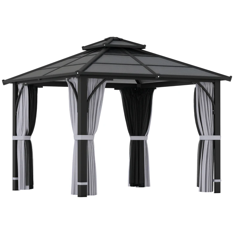 Outsunny 10' x 10' Hardtop Gazebo with 7mm Double Polycarbonate Roof, Outdoor Gazebo with Netting and Curtains