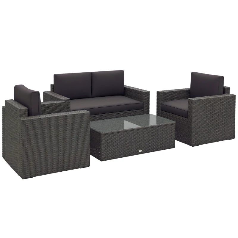 Outsunny 4 Pieces Rattan Sofa Set Wicker Patio Sofa Set with Loveseat Chairs Glass Top Coffee Table for Garden Outdoor Gray