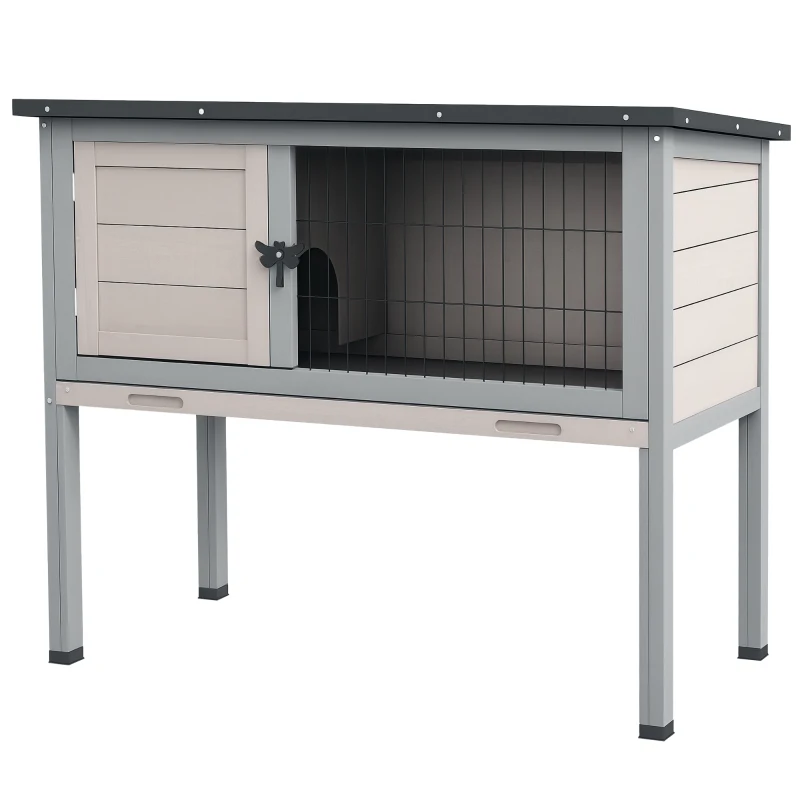 PawHut Wooden Rabbit Hutch with Openable Asphalt Roof, Tray, Light Grey