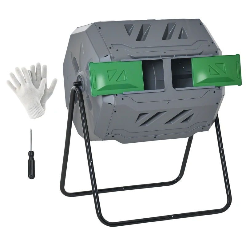 Outsunny Tumbling Compost Bin Outdoor 360° Dual Chamber Rotating Composter 43 Gallon, Light Gray
