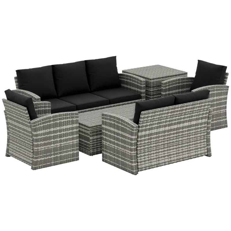Outsunny 6 Pieces Wicker Patio Furniture Set with Cushions, 7-Seater Rattan Patio Sofa Set with Storage Coffee Table & Side Table, Sectional Outdoor Furniture Set, Black