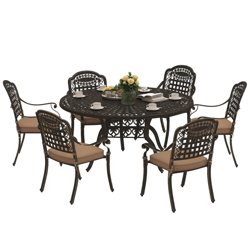 Outsunny 7 Pieces Outdoor Dining Set for 6, Aluminum Patio Table and Chairs Furniture Set with Umbrella Hole, Cushions, Bronze