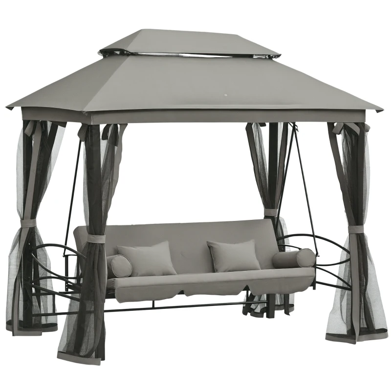 Outsunny 3 Person Outdoor Patio Daybed, 3 in 1 Canopy Gazebo Swing Chair Garden Hammock with Sun Shade, Mesh Mosquito and Net, Dark Grey