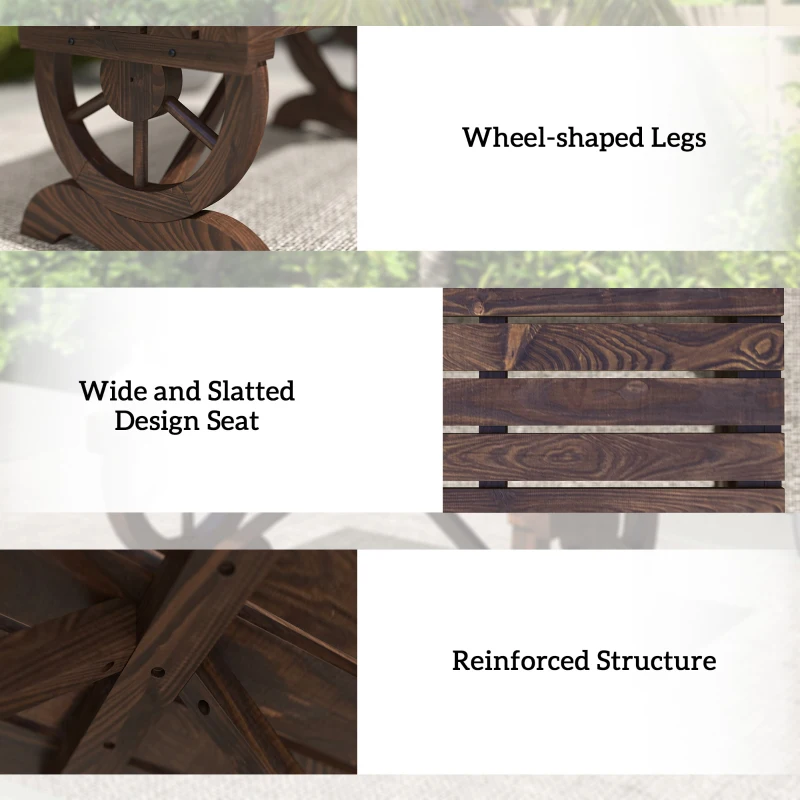 Outsunny Rustic Wood Wheel Outdoor Garden Bench for 2-Person with a Unique Wheel Design on the Legs & Strong Build, Brown