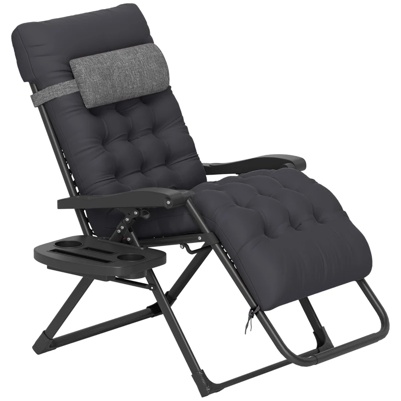Outsunny Padded Folding Recliner Chair, Patio Lounger with Cupholder, Adjustable Backrest, Removable Cushion, Black