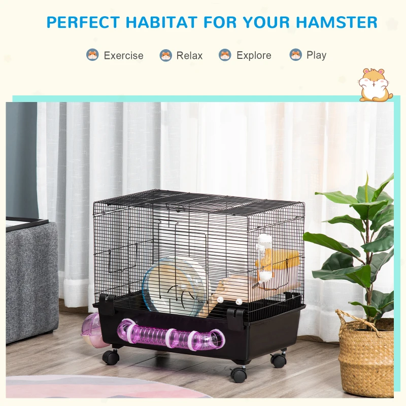 PawHut Hamster Cage, Gerbil Haven, Multi-storey Rodent House, Small Animal Habitats, Large Hide-out, w/ Water Bottle, Tubes, Exercise Wheel, Food Dish, Ramp, Shower Room, Black