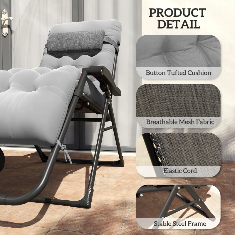 Outsunny Padded Folding Recliner Chair, Patio Lounger with Cupholder, Adjustable Backrest, Removable Cushion, Grey