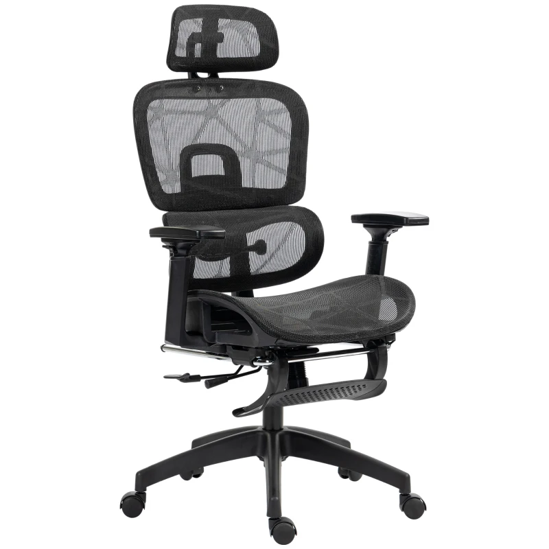 HOMCOM Mesh Office Chair with 3D Armrest, High Back Desk Chair with Lumbar Support, 135° Reclining, Adjustable Headrest, Black