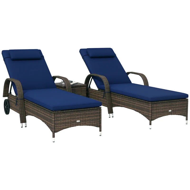 Outsunny Patio Wicker Chaise Lounge Chair Set of 2 with Table, Adjustable Backrest, Wheels, Cushion & Headrest, Dark Blue