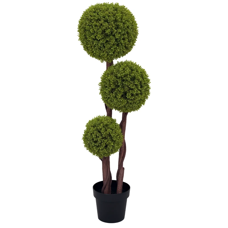 HOMCOM 4FT Potted Fake Plant, Artificial Boxwood Topiary Tree, Triple Ball Tree for Indoor and Outdoor, Green