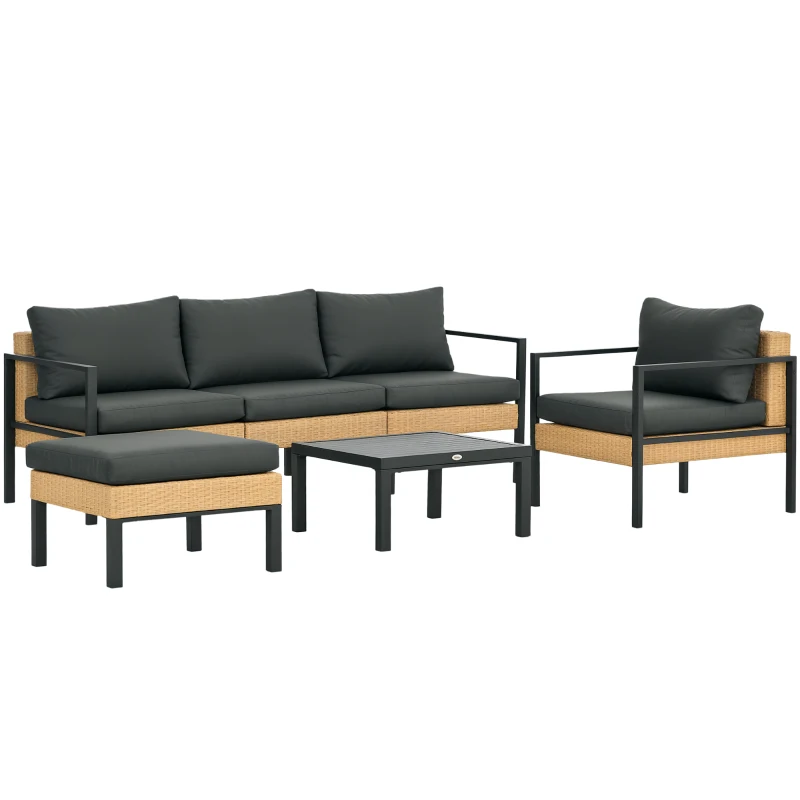 Outsunny 6 Pieces Patio Furniture Set with Sofa, Armchair, Stool, Table, Cushions, Outdoor Wicker Conversation Sofa Set