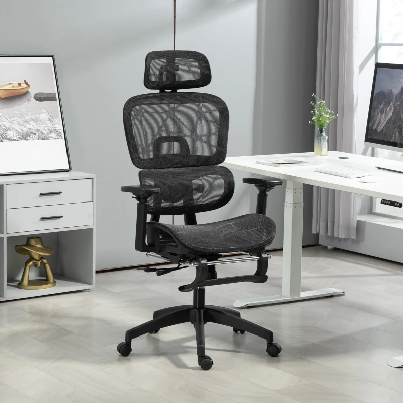 HOMCOM Mesh Office Chair with 3D Armrest, High Back Desk Chair with Lumbar Support, 135° Reclining, Adjustable Headrest, Black