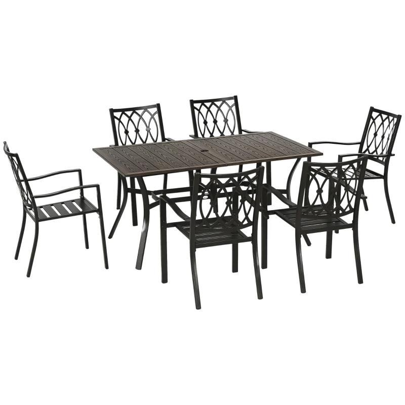 Outsunny 7 Pieces Outdoor Dining Set for 6 with Stackable Chairs with Wood Grain Top, for Garden, Patio, Backyard, Brown