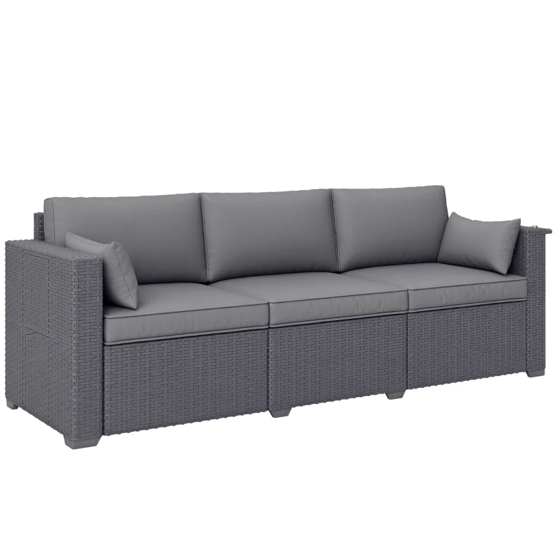 Outsunny 3 Seater Wicker Patio Sofa with Side Trays, Outdoor Couch with 6" Thick Back Cushions, Deep Seating, Grey