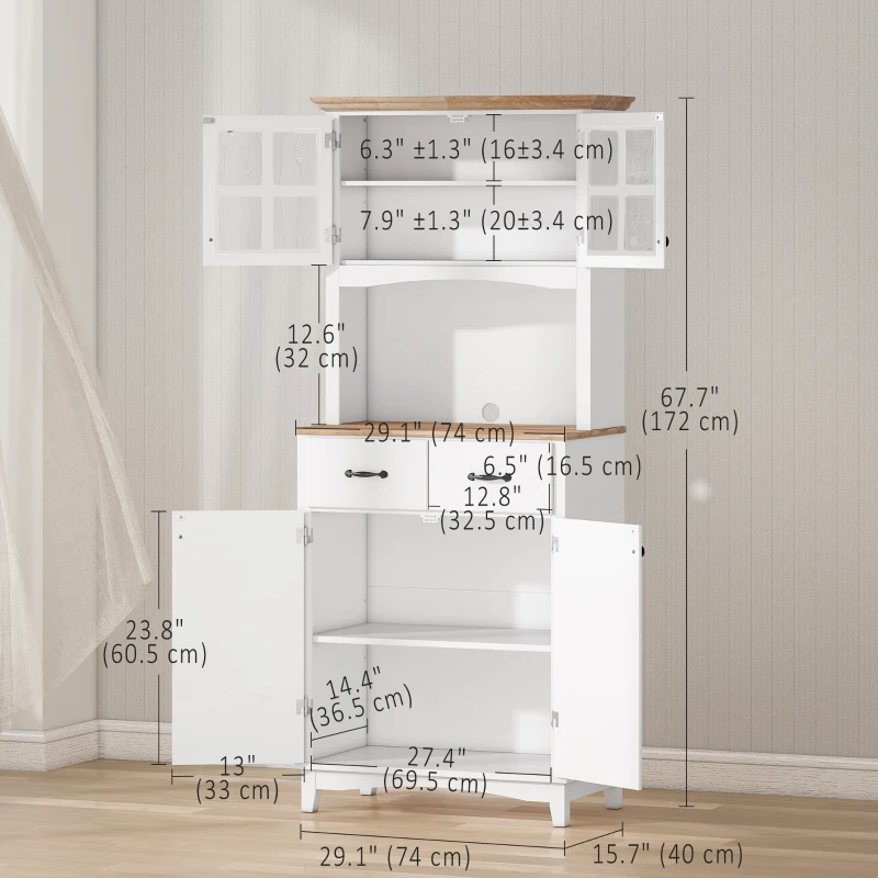 HOMCOM Coastal Style Kitchen Buffet and Hutch Wooden Storage Cabinet with Framed Glass Door  Drawers Microwave Space for Dining Room  Living Room  White