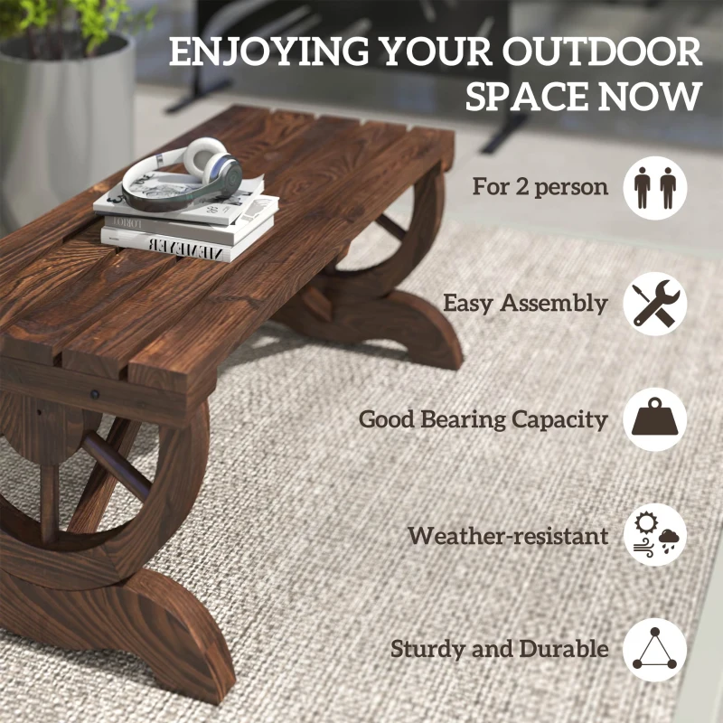 Outsunny Rustic Wood Wheel Outdoor Garden Bench for 2-Person with a Unique Wheel Design on the Legs & Strong Build, Brown