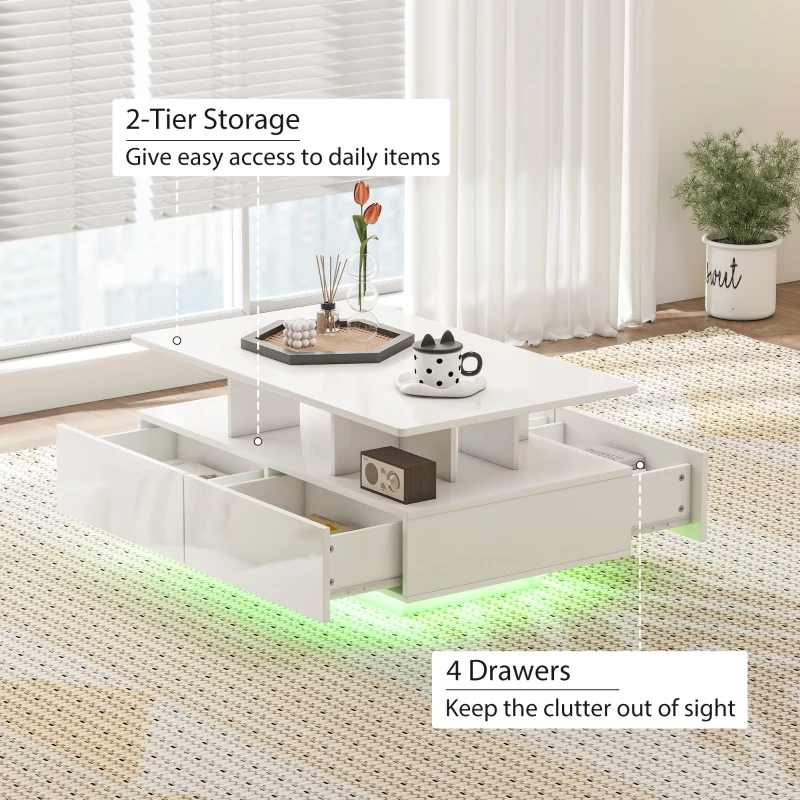 HOMCOM Coffee Table with RGB LED Lights, Modern Living Room Table with 4 Drawers, Open Shelf, Remote Control, High Gloss White