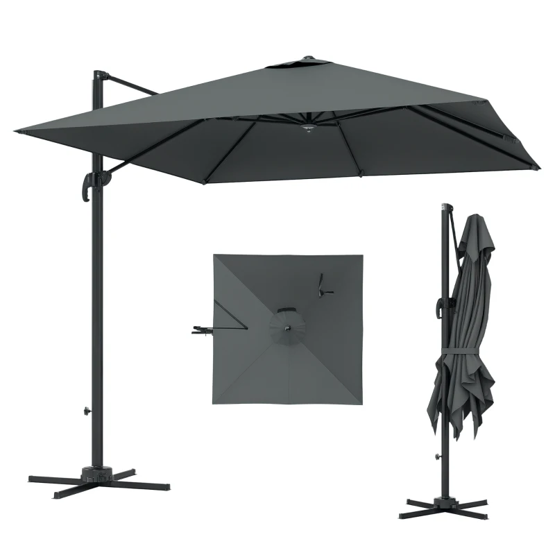 Outsunny 8 FT Aluminium Cantilever Patio Umbrella with 360° Rotation, Cross Base, Crank and Tilt for Garden, Patio, Dark Grey