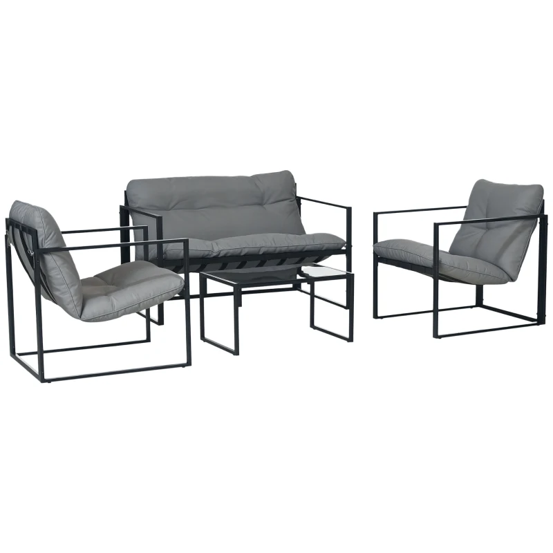 Outsunny 4 Piece Outdoor Furniture Set, Patio Conversation Set with Tempered Glass Table, Loveseat, 2 Chairs and Cushions, Grey