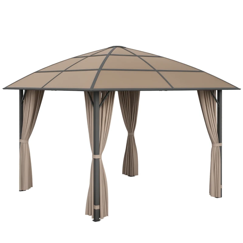 Outsunny 10' x 10' Outdoor Hardtop Gazebo Canopy with UV60+ Polycarbonate Roof, Steel Frame, Central Hook, Curtains, Khaki