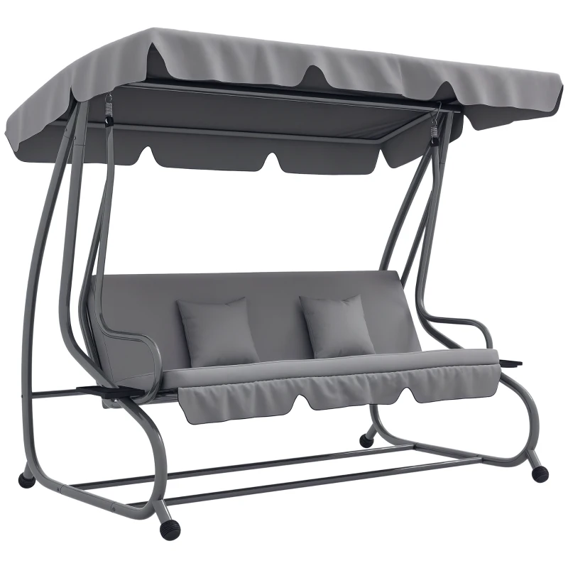 Outsunny Outdoor 3-Seater Patio Swing Chair, Outdoor Swing Seat, with Adjustable Canopy and Two Pillows for Garden, Light Grey