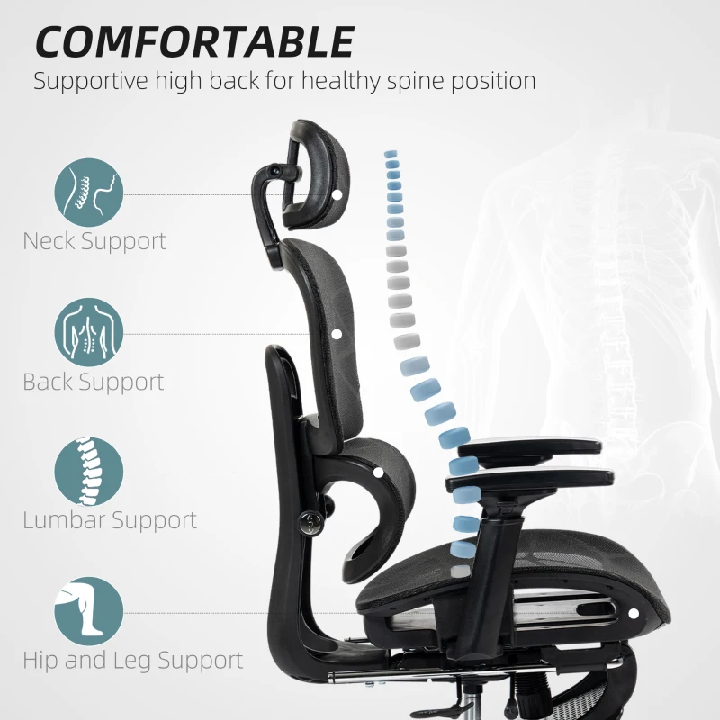 HOMCOM Mesh Office Chair with 3D Armrest, High Back Desk Chair with Lumbar Support, 135° Reclining, Adjustable Headrest, Black