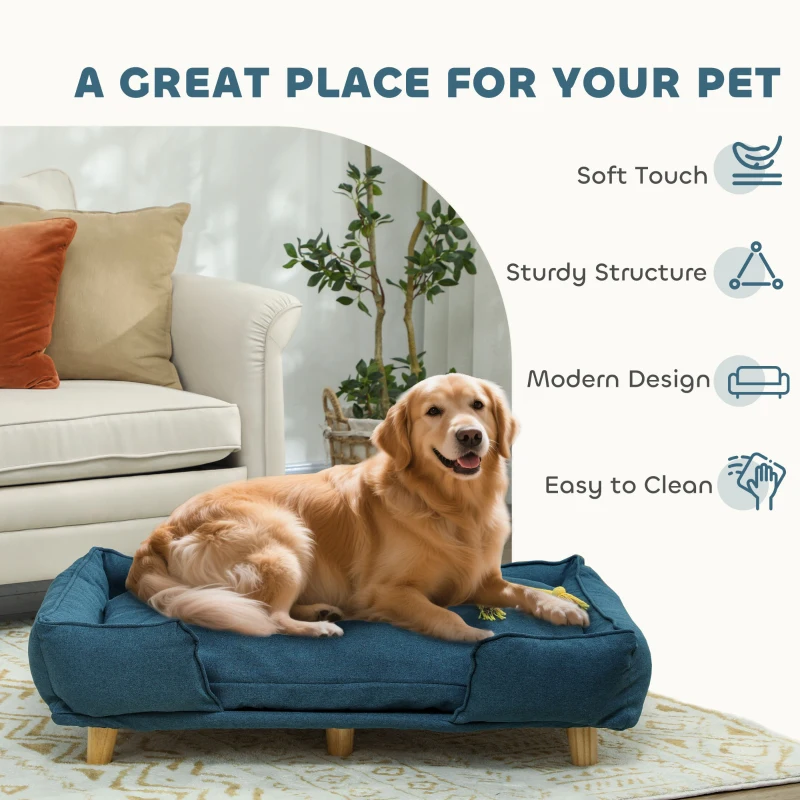 PawHut Raised Dog Couch with Comfortable Cushion, Pine Wood Legs, Foot Pads for Large-Sized Dogs Indoor Use, Dark Blue