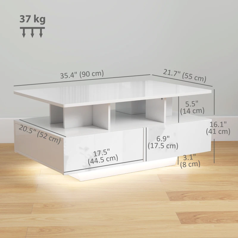 HOMCOM Coffee Table with RGB LED Lights, Modern Living Room Table with 4 Drawers, Open Shelf, Remote Control, High Gloss White