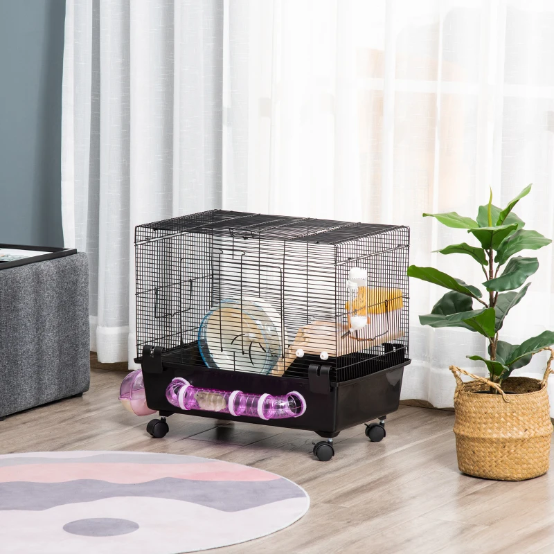 PawHut Hamster Cage, Gerbil Haven, Multi-storey Rodent House, Small Animal Habitats, Large Hide-out, w/ Water Bottle, Tubes, Exercise Wheel, Food Dish, Ramp, Shower Room, Black