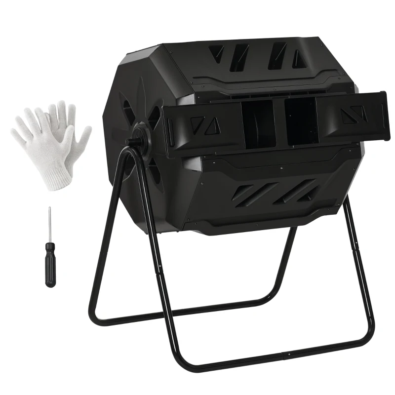 Outsunny 43 Gallon (160L) Tumbling Compost Bin Outdoor Dual Chamber 360° Rotating Composter with Sliding Doors, Solid Steel Frame and Gloves, Black