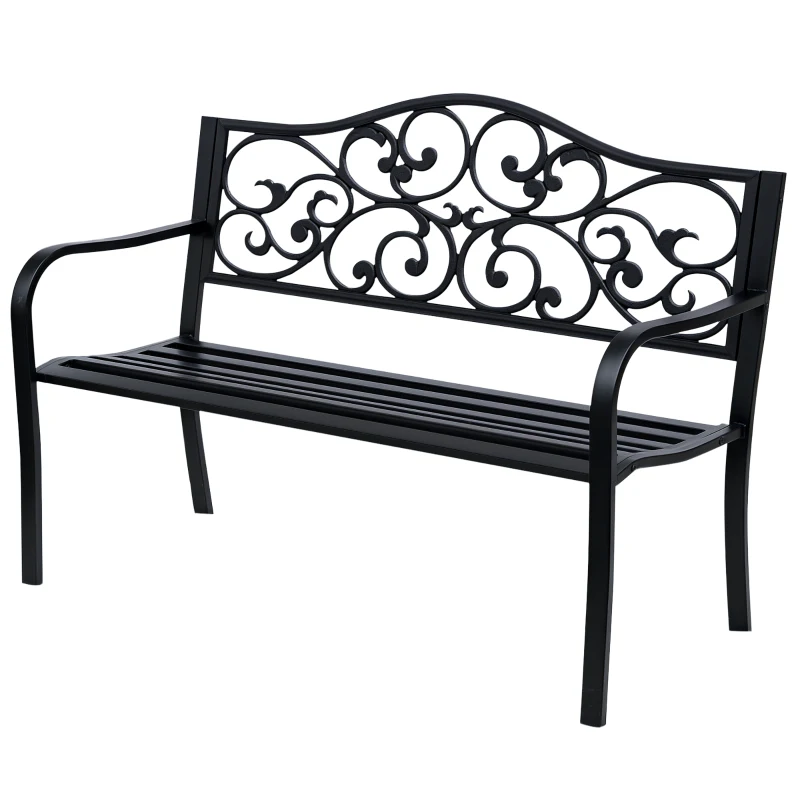 Outsunny Garden Bench Outdoor Loveseat with Vintage Floral Pattern Cast Metal, 50" x 23.6" x 35", Black
