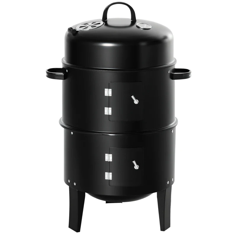 Outsunny 3-in-1 Vertical Charcoal BBQ Smoker, 16" Round Barbecue Grill with 2 Cooking Areas and Thermometer, Black
