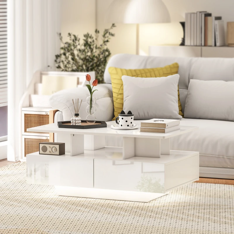 HOMCOM Coffee Table with RGB LED Lights, Modern Living Room Table with 4 Drawers, Open Shelf, Remote Control, High Gloss White