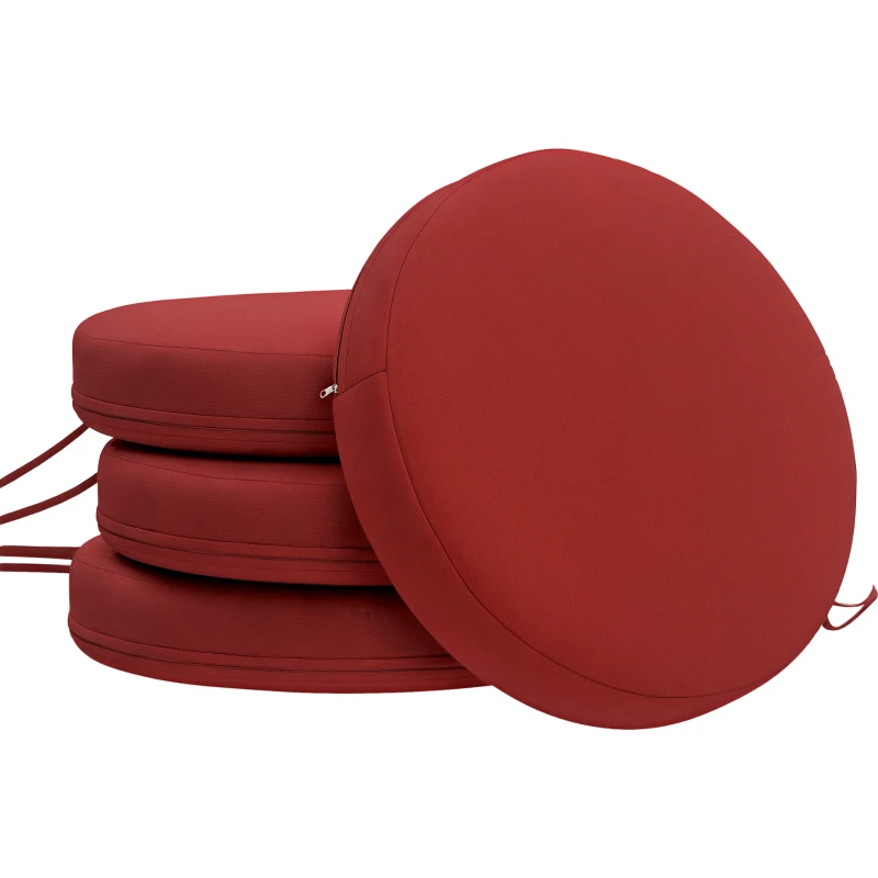 Outsunny Patio Chair Cushions Set of 4 Round Seat Cushions for Dining Bistro Chairs Machine Washable, 15" x 15" x 3", Wine Red