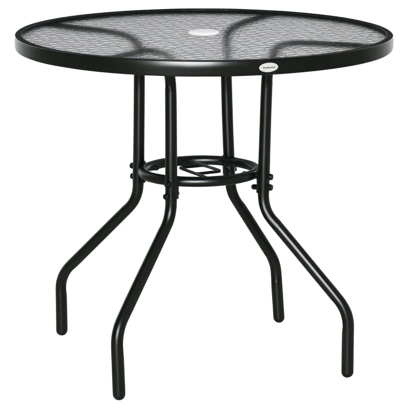 Outsunny 31.5" Round Outdoor Dining Table Coffee Side Bistro Table with Umbrella Hole, Glass Top, Steel Frame for Garden, Patio