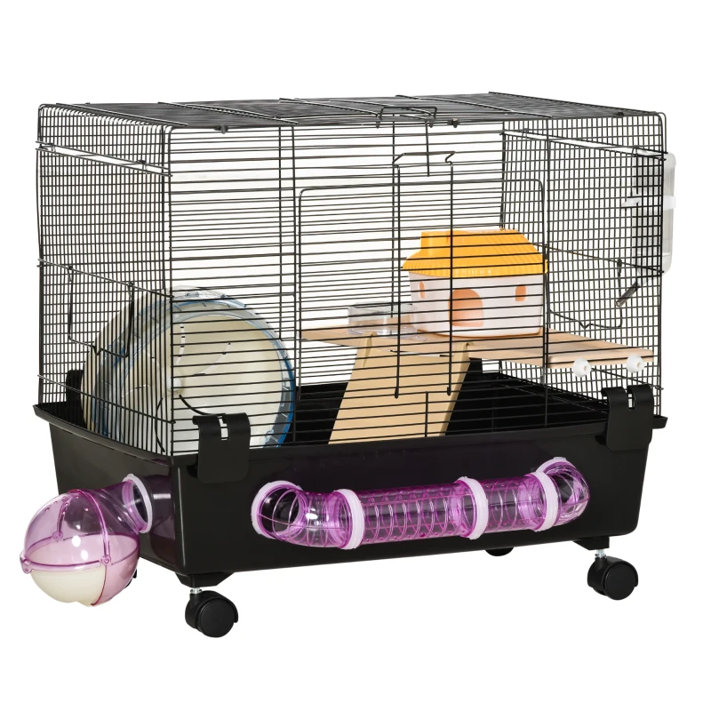 PawHut Hamster Cage, Gerbil Haven, Multi-storey Rodent House, Small Animal Habitats, Large Hide-out, w/ Water Bottle, Tubes, Exercise Wheel, Food Dish, Ramp, Shower Room, Black