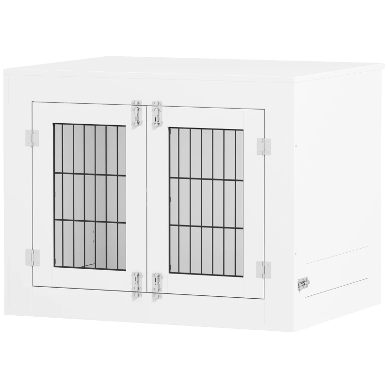 PawHut Dog Crate Furniture with 360° Rotatable Removable Dog Bowls, Two Doors, for Medium Dogs, 31.5" x 24" x 25", White