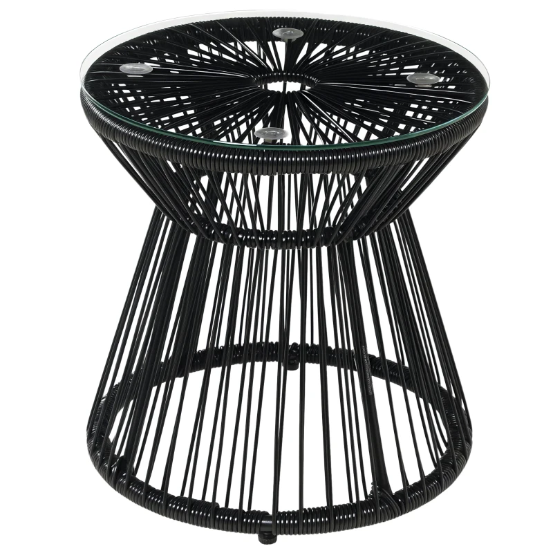 Outsunny Round End Table, Rattan Side Table, Hollow Drum Design Coffee Table w/ Glass Tabletop for Patio, Garden, Balcony, Black