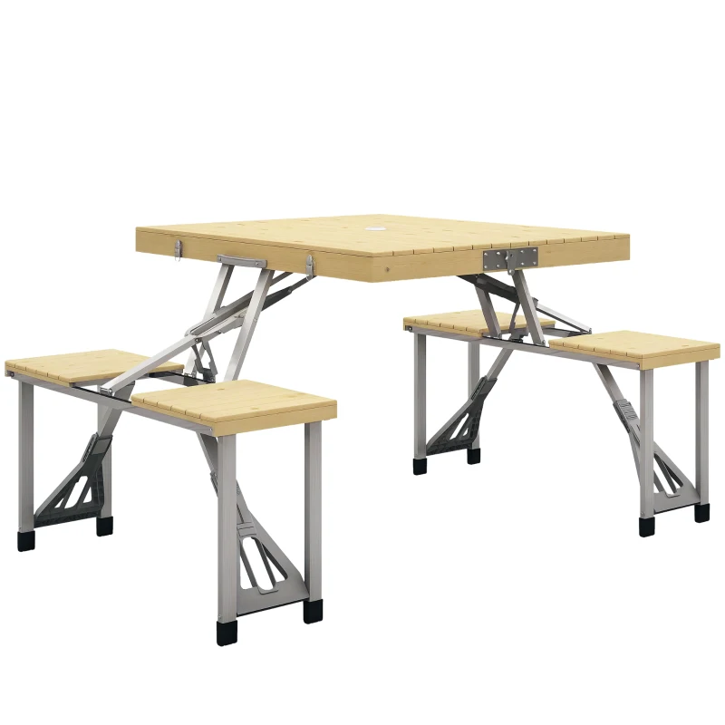 Outsunny Aluminum Frame Folding Picnic Table, Portable Camping Table and Chairs Set with Umbrella Hole
