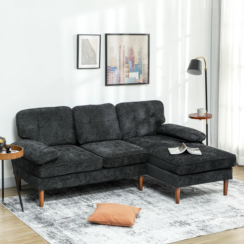 HOMCOM Modern Corner Couch with Right Chaise Lounge, Tufted 3-Seater Sofa with Wooden Legs for Living Room, Black
