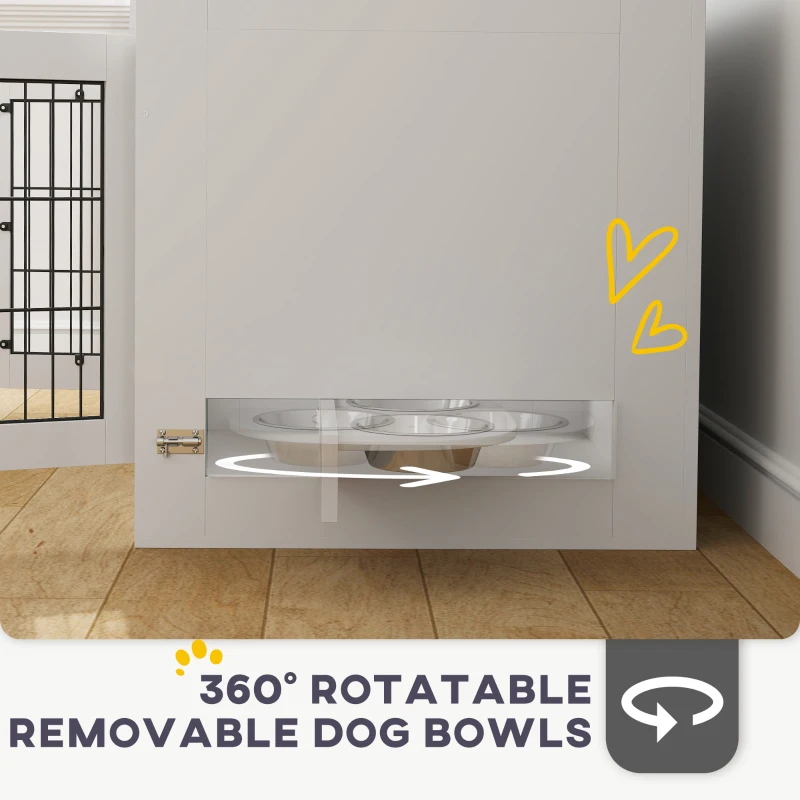 PawHut Dog Crate Furniture with 360° Rotatable Removable Dog Bowls, Two Doors, for Medium Dogs, 31.5" x 24" x 25", White