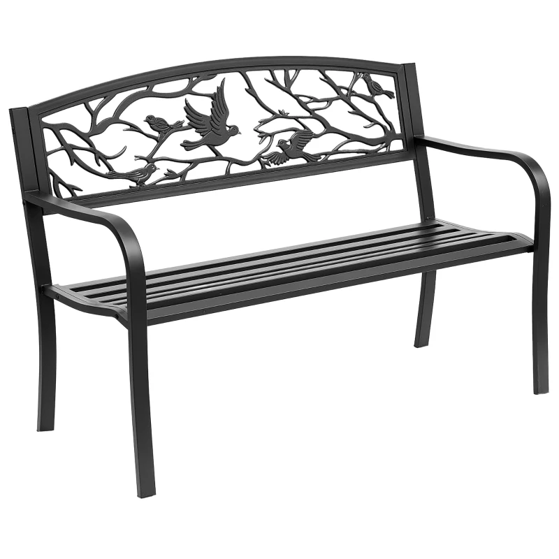Outsunny 50" Garden Bench Outdoor Loveseat with Vintage Bird Pattern Cast Metal - Black