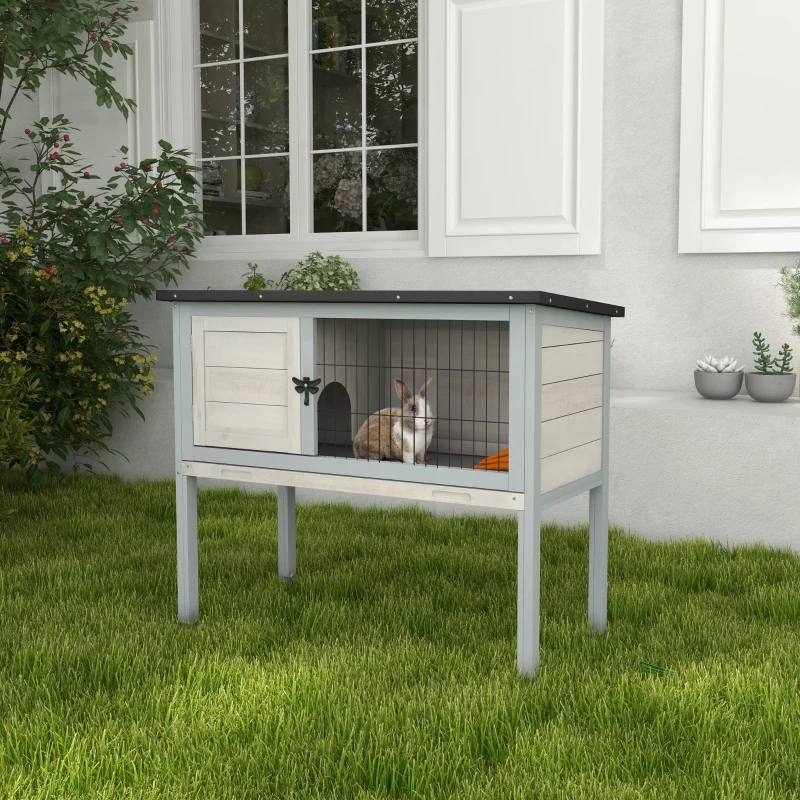 PawHut Elevated Rabbit Hutch with Hinged Asphalt Roof, Removable Tray, for Indoor/Outdoor, Gray