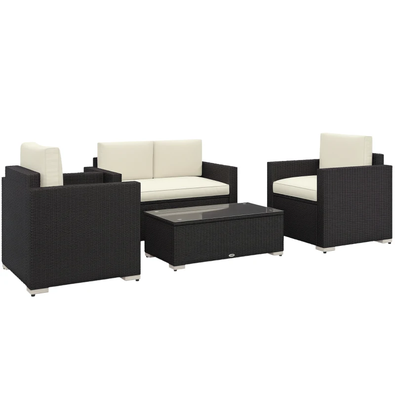 Outsunny 4 Pieces Rattan Sofa Set Wicker Patio Sofa Set with Loveseat Chairs Glass Top Coffee Table for Garden Outdoor Cream
